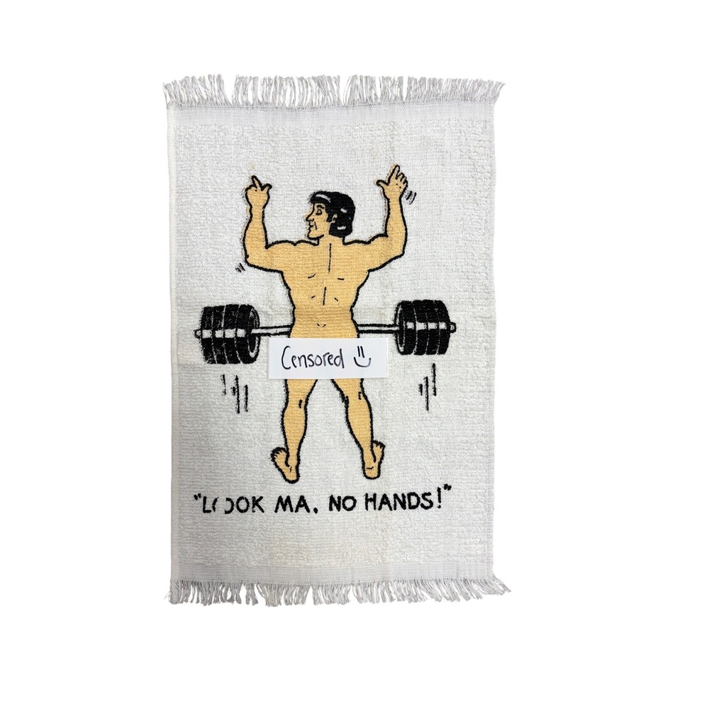 Vintage Look Ma No Hands Funny Weightlifter Hand Towel Novelty White Fringe